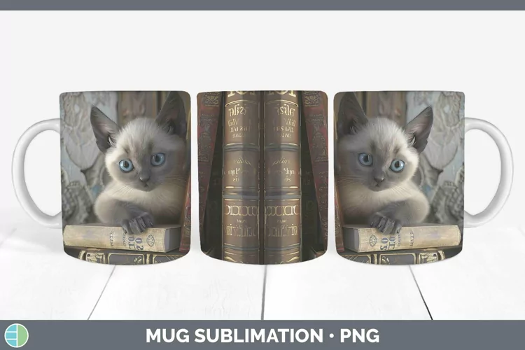 3D Books Siamese Cat Mug Wrap Sublimation Coffee Cup Designs