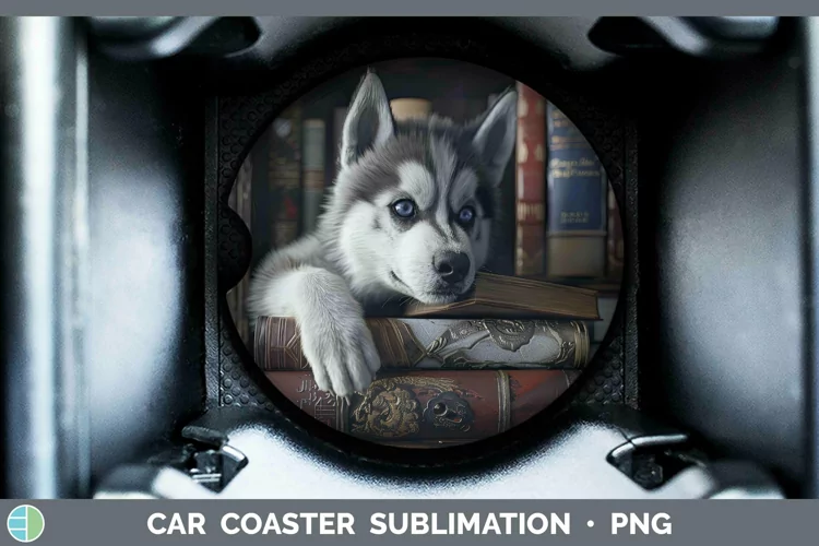 3D Books Siberian Husky Dog Car Coaster Sublimation Coaster