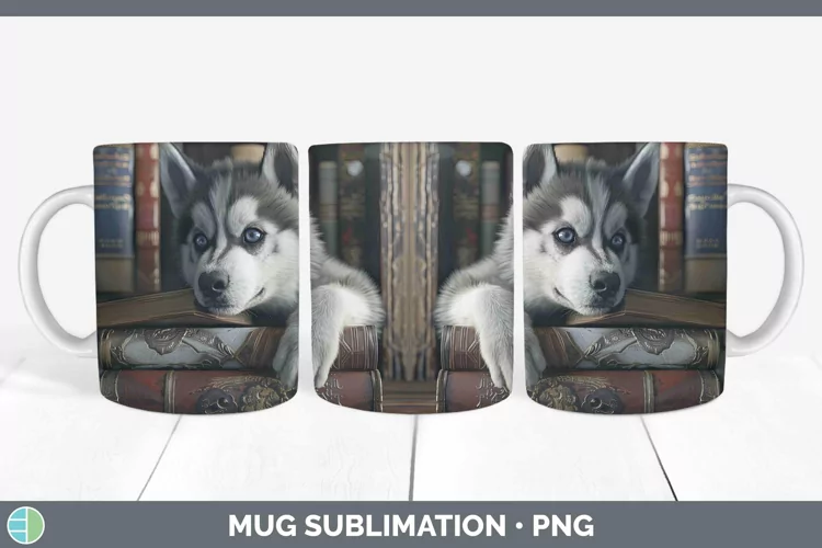 3D Books Siberian Husky Dog Mug Wrap Sublimation Coffee Cup