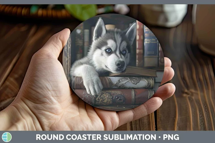 3D Books Siberian Husky Dog Round Coaster Sublimation Coaste