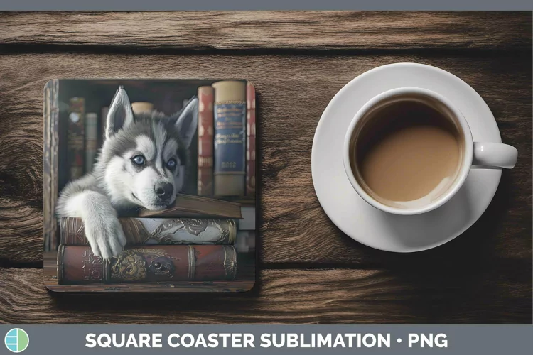 3D Books Siberian Husky Dog Square Coaster Sublimation Coast