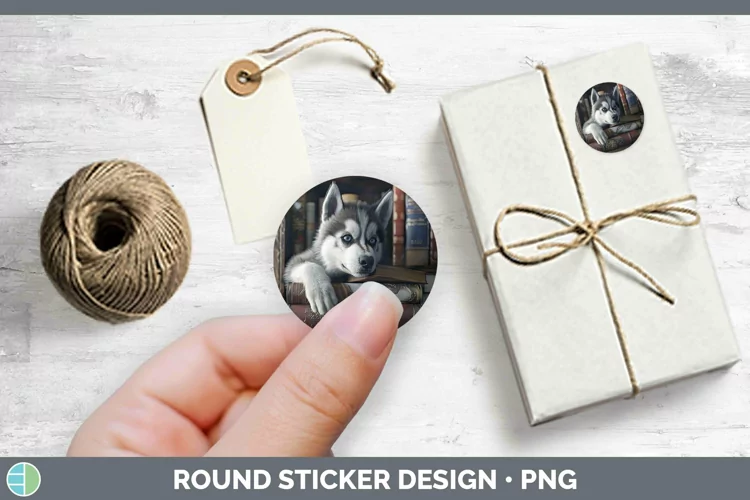 3D Books Siberian Husky Dog Stickers | Round Labels Designs