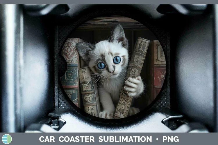 3D Books Snowshoe Cat Car Coaster Sublimation Coaster Design