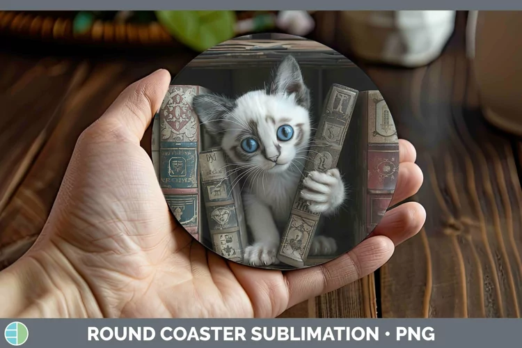 3D Books Snowshoe Cat Round Coaster Sublimation Coaster Desi