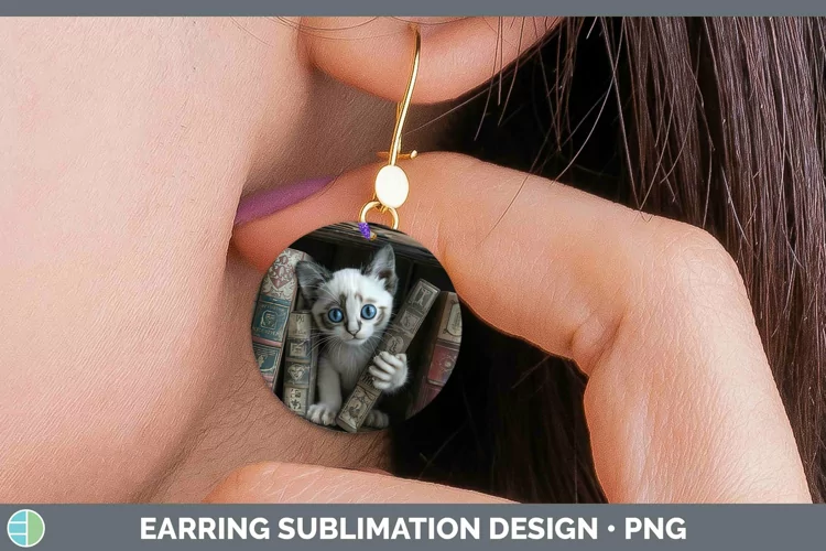 3D Books Snowshoe Cat Round Earrings Sublimation Earrings De