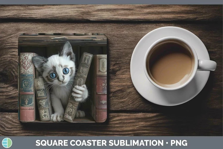3D Books Snowshoe Cat Square Coaster Sublimation Coaster Des