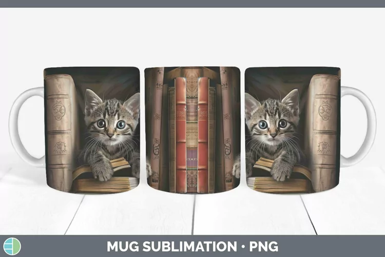 3D Books Tabby Cat Mug Wrap Sublimation Coffee Cup Designs