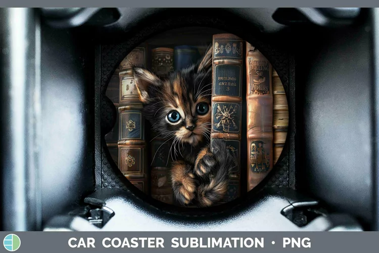 3D Books Tortoiseshell Cat Car Coaster Sublimation Coaster D