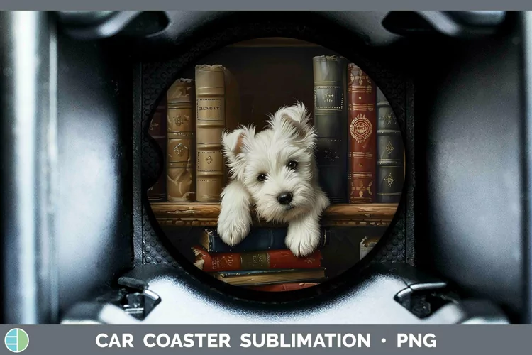 3D Books West Highland White Terrier Dog Car Coaster Sublima