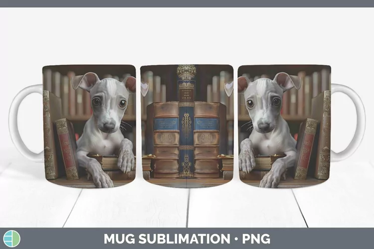 3D Books Whippet Dog Mug Wrap Sublimation Coffee Cup Designs