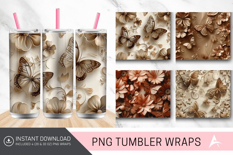 3D Brown Butterflies Floral Tumbler Wrap example image 1