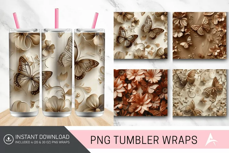 3D Brown Butterflies Floral Tumbler Wrap