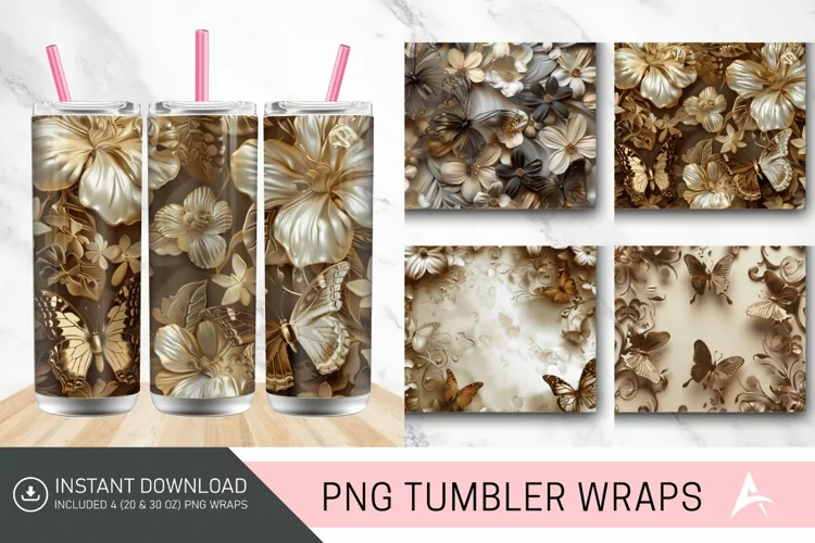 3D Brown Butterflies Floral Tumbler Wrap