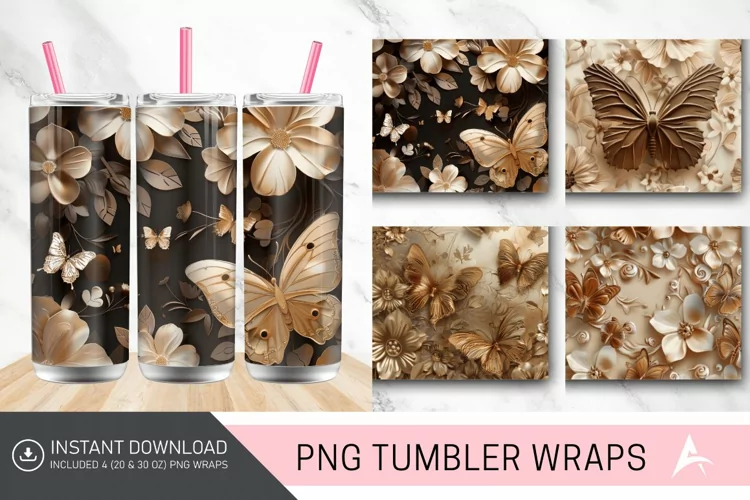 3D Brown Butterflies Floral Tumbler Wrap