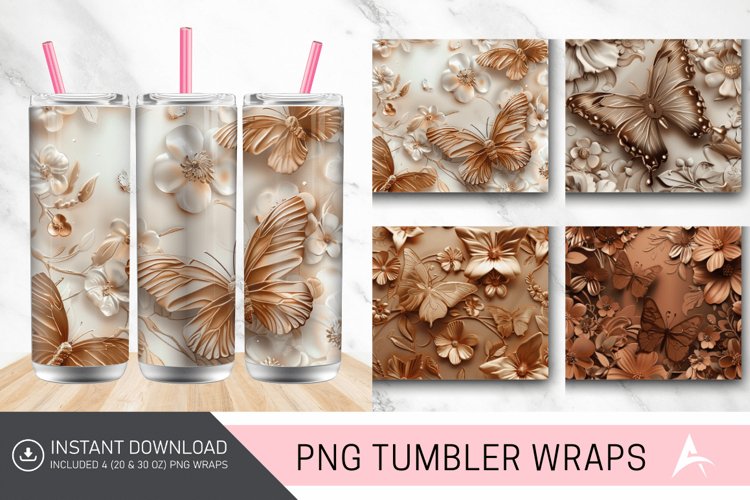 3D Brown Butterflies Floral Tumbler Wrap example image 1