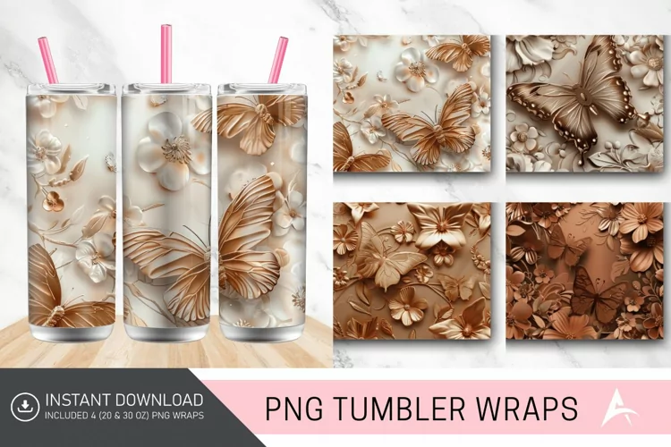 3D Brown Butterflies Floral Tumbler Wrap