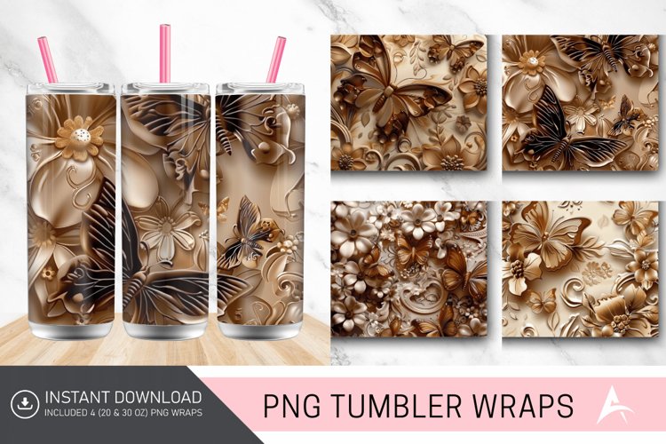 3D Brown Butterflies Floral Tumbler Wrap example image 1