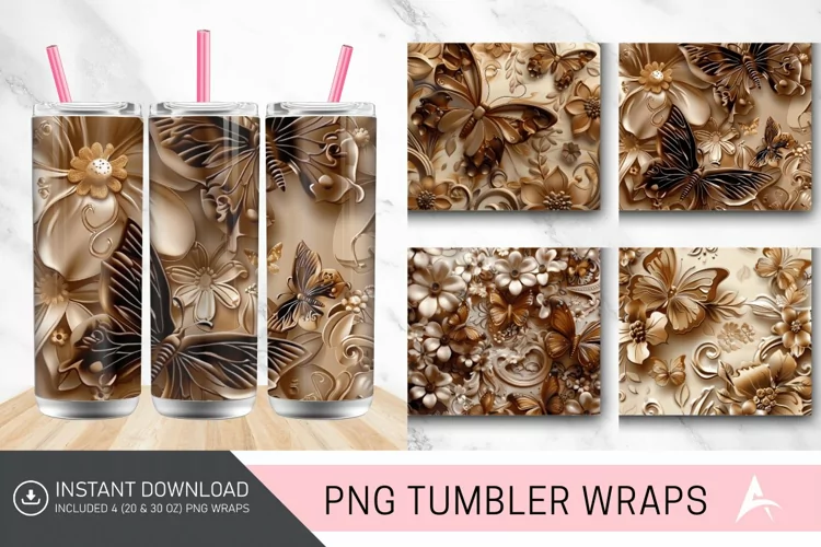 3D Brown Butterflies Floral Tumbler Wrap