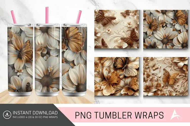 3D Brown Butterflies Floral Tumbler Wrap