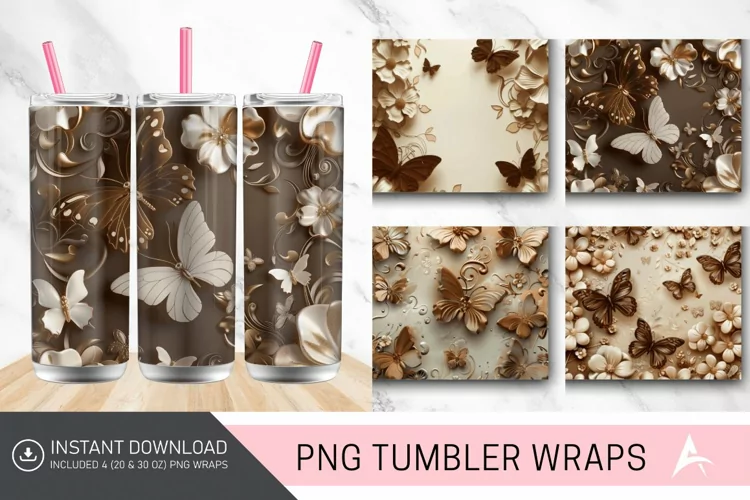 3D Brown Butterflies Floral Tumbler Wrap