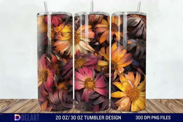 3D Burned Aster Flowers Tumbler Wrap