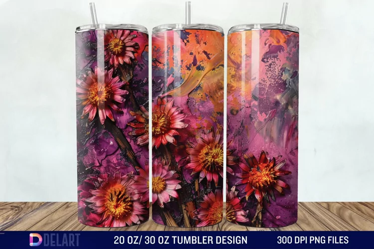 3D Burned Aster Flowers Tumbler Wrap