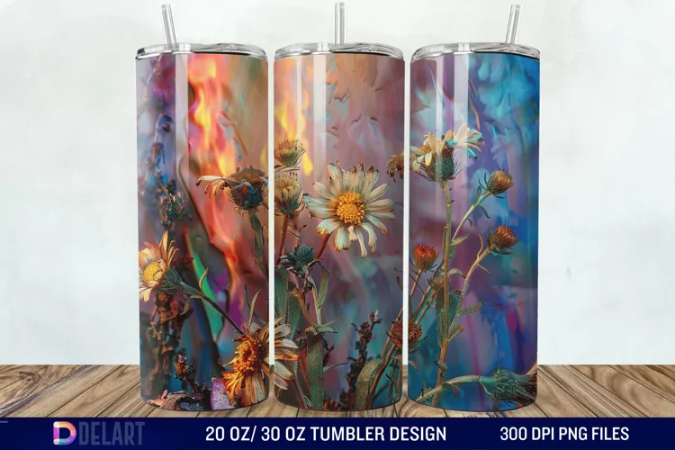 3D Burned Aster Flowers Tumbler Wrap
