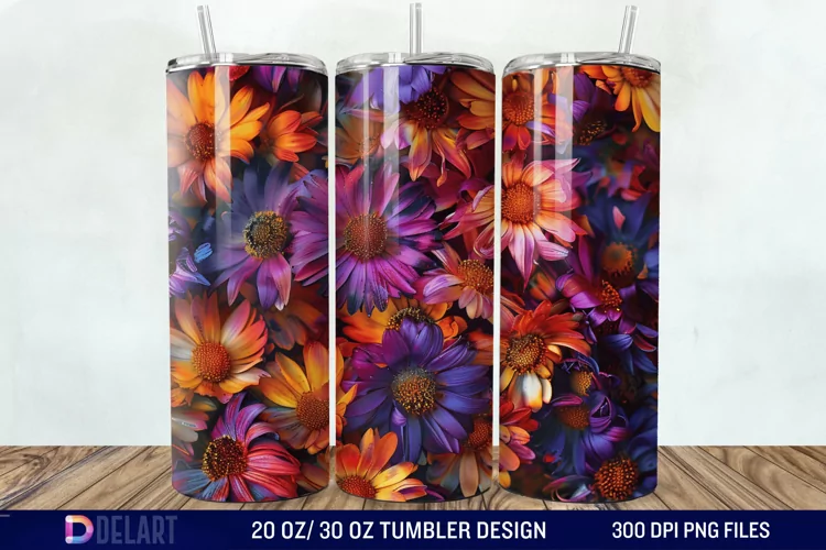 3D Burned Aster Flowers Tumbler Wrap