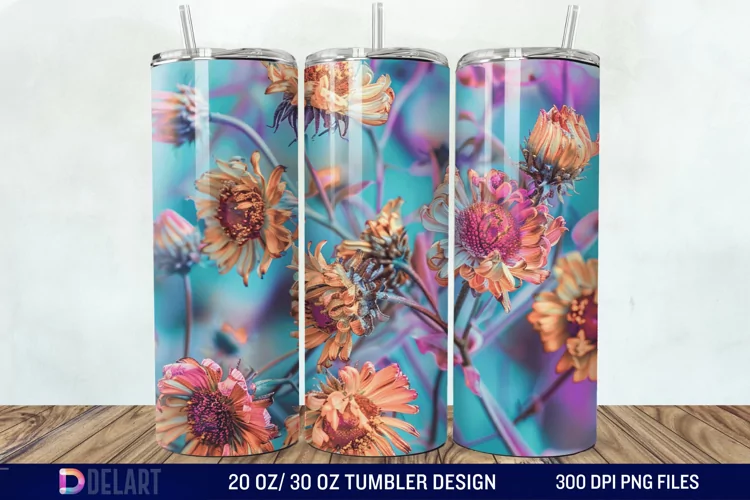3D Burned Aster Flowers Tumbler Wrap