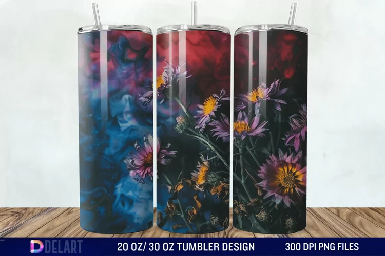 3D Burned Aster Flowers Tumbler Wrap