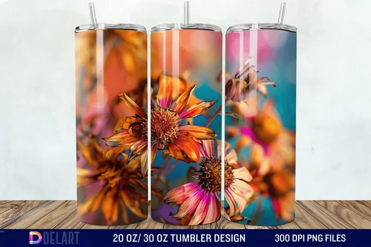 3D Burned Aster Flowers Tumbler Wrap