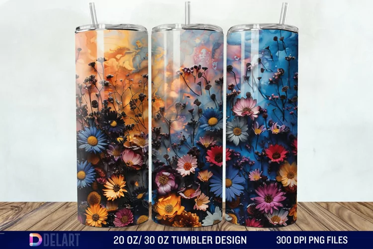 3D Burned Aster Flowers Tumbler Wrap