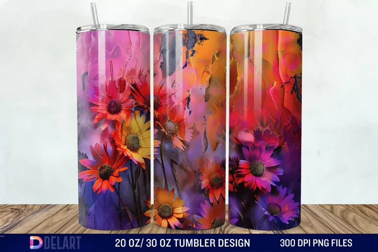 3D Burned Aster Flowers Tumbler Wrap