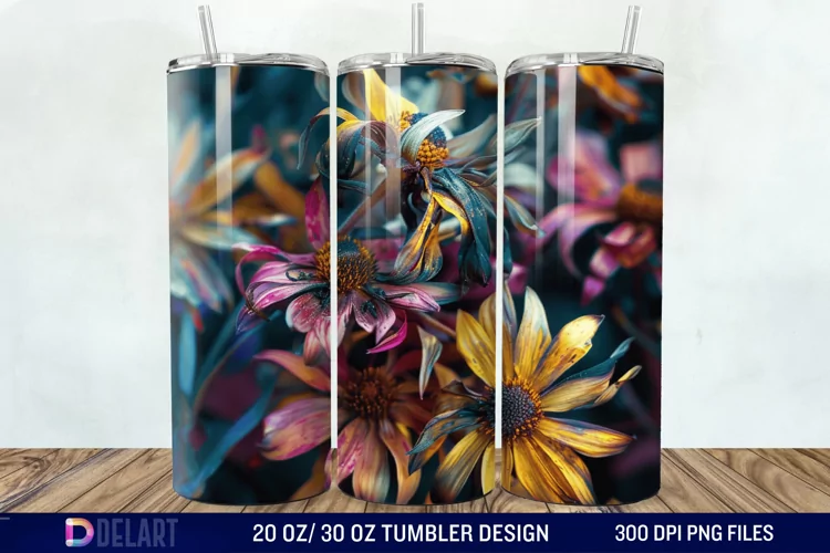 3D Burned Aster Flowers Tumbler Wrap