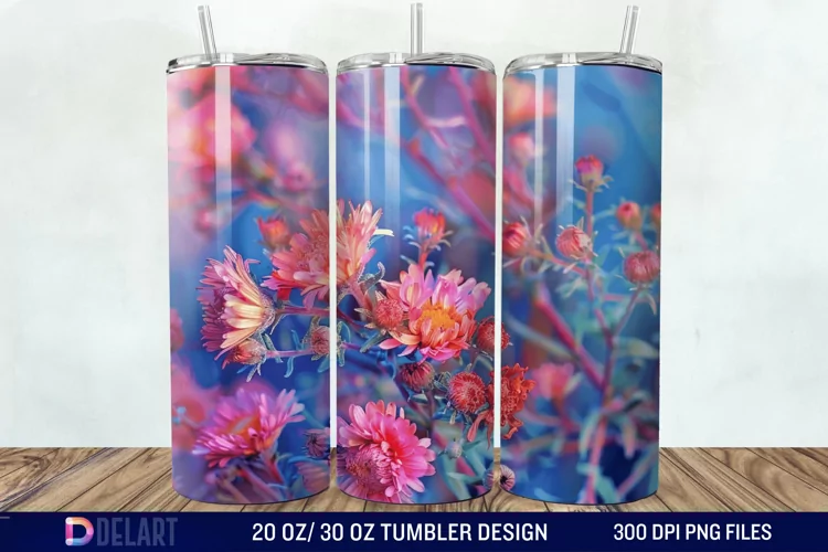 3D Burned Aster Flowers Tumbler Wrap
