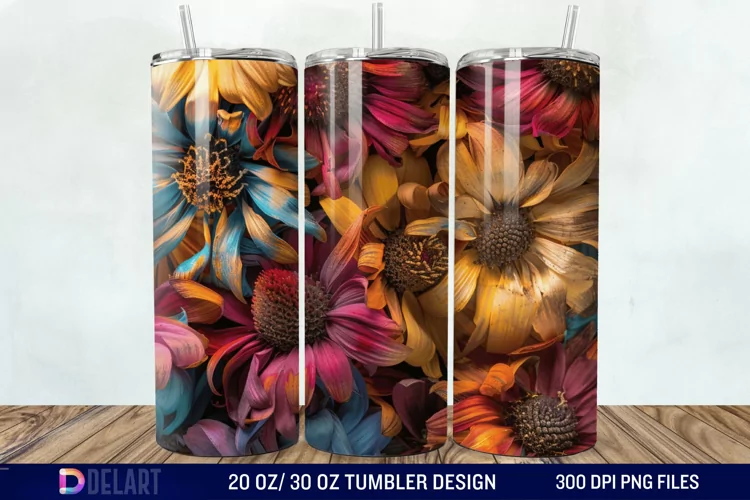 3D Burned Aster Flowers Tumbler Wrap