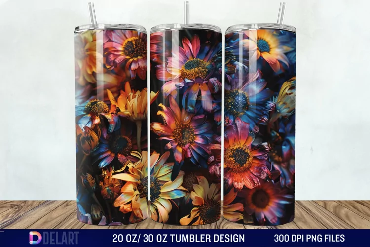 3D Burned Aster Flowers Tumbler Wrap
