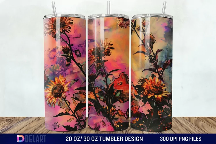 3D Burned Aster Flowers Tumbler Wrap