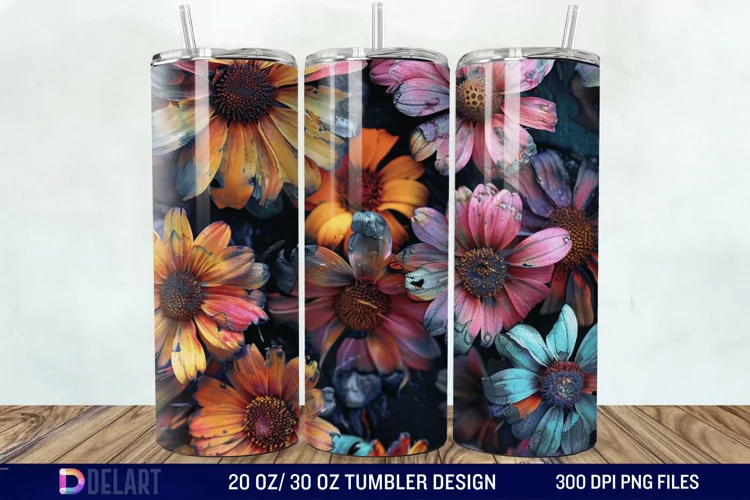 3D Burned Aster Flowers Tumbler Wrap
