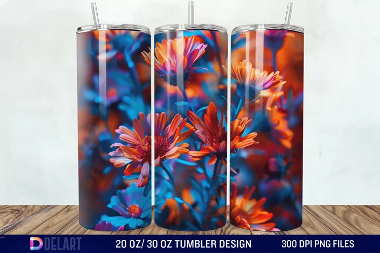 3D Burned Aster Flowers Tumbler Wrap