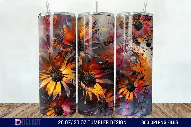 3D Burned Aster Flowers Tumbler Wrap
