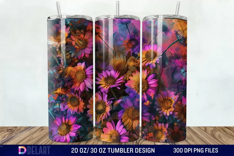 3D Burned Aster Flowers Tumbler Wrap