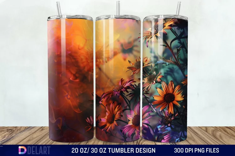 3D Burned Aster Flowers Tumbler Wrap