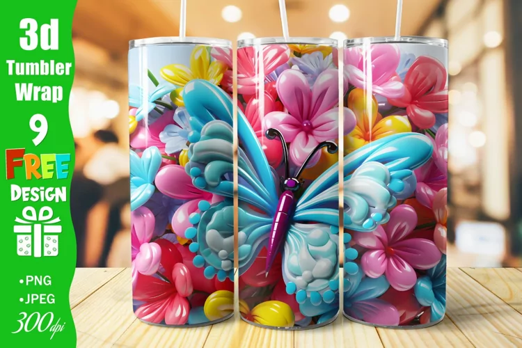 3D Butterflies Colorful 20oz Skinny Tumbler Sublimation