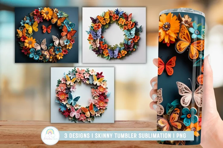3D Butterflies with Flowers Tumbler Sublimation I 3D Tumbler