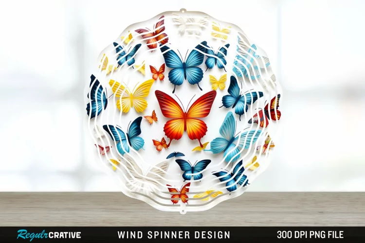 3D Butterflies Wind Spinner Sublimation Design PNG