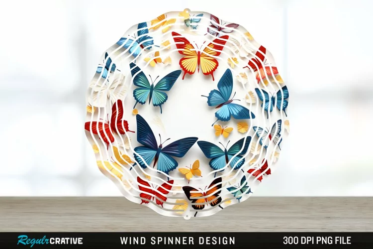 3D Butterflies Wind Spinner Sublimation Design PNG