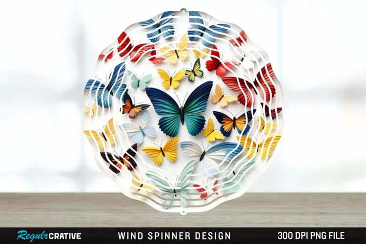 3D Butterflies Wind Spinner Sublimation Design PNG