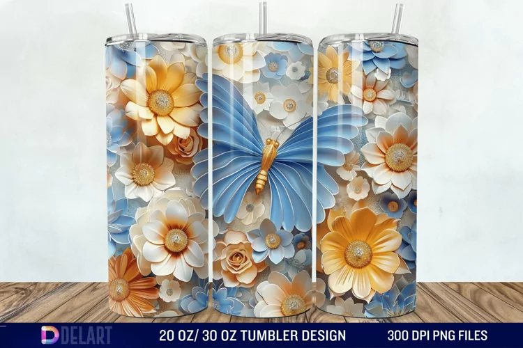 3D Butterfly Flower Tumbler Wrap