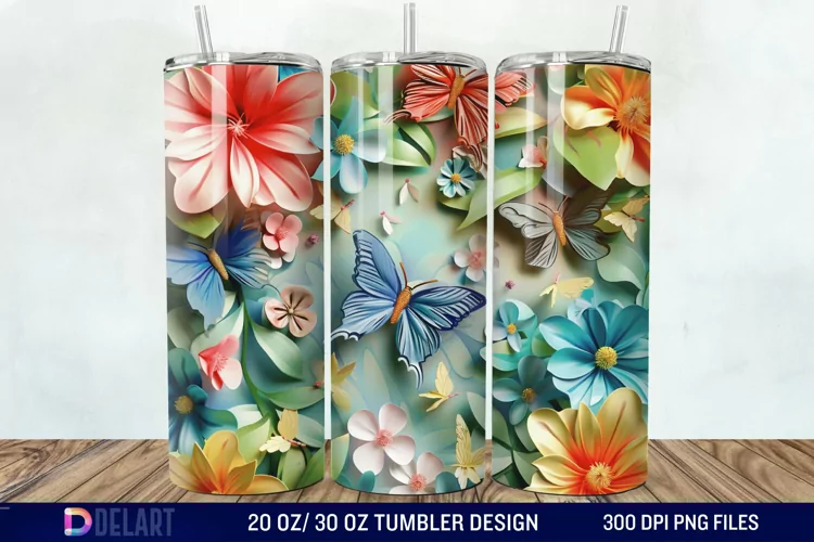 3D Butterfly Flower Tumbler Wrap